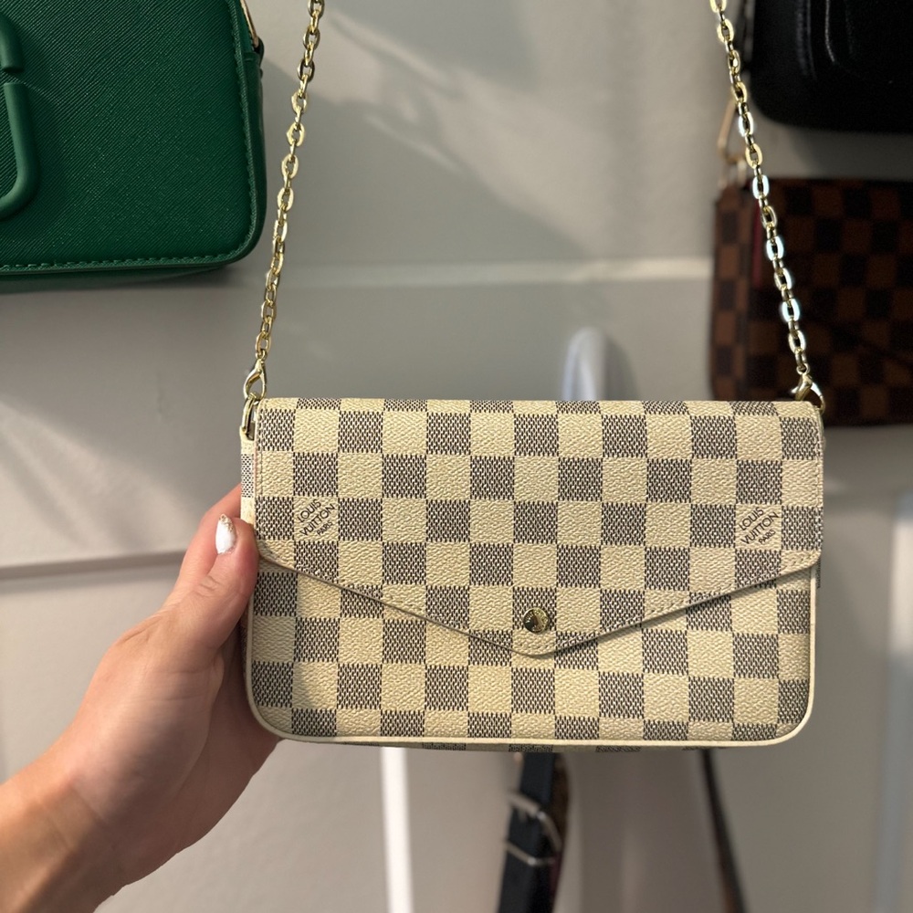 LV Checkered Beige and Gray Women's Bag with pink interior!